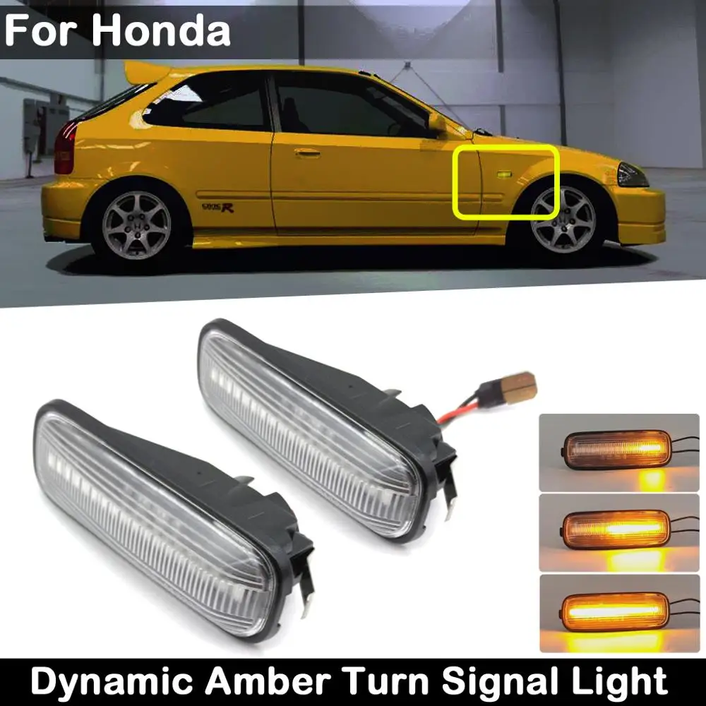 2Pcs Clear Lens Dynamic Amber LED Side Marker Lamp Lights For Honda Accord Civic CR-V Ballade Hatchback Sedan