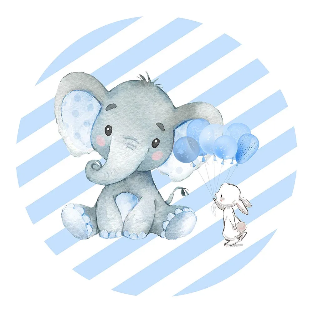 Mocsicka Little Elephant Round Backdrop Cover Blue White Stripes Balloon Baby Shower Photo Background for Photo Studio Photocall