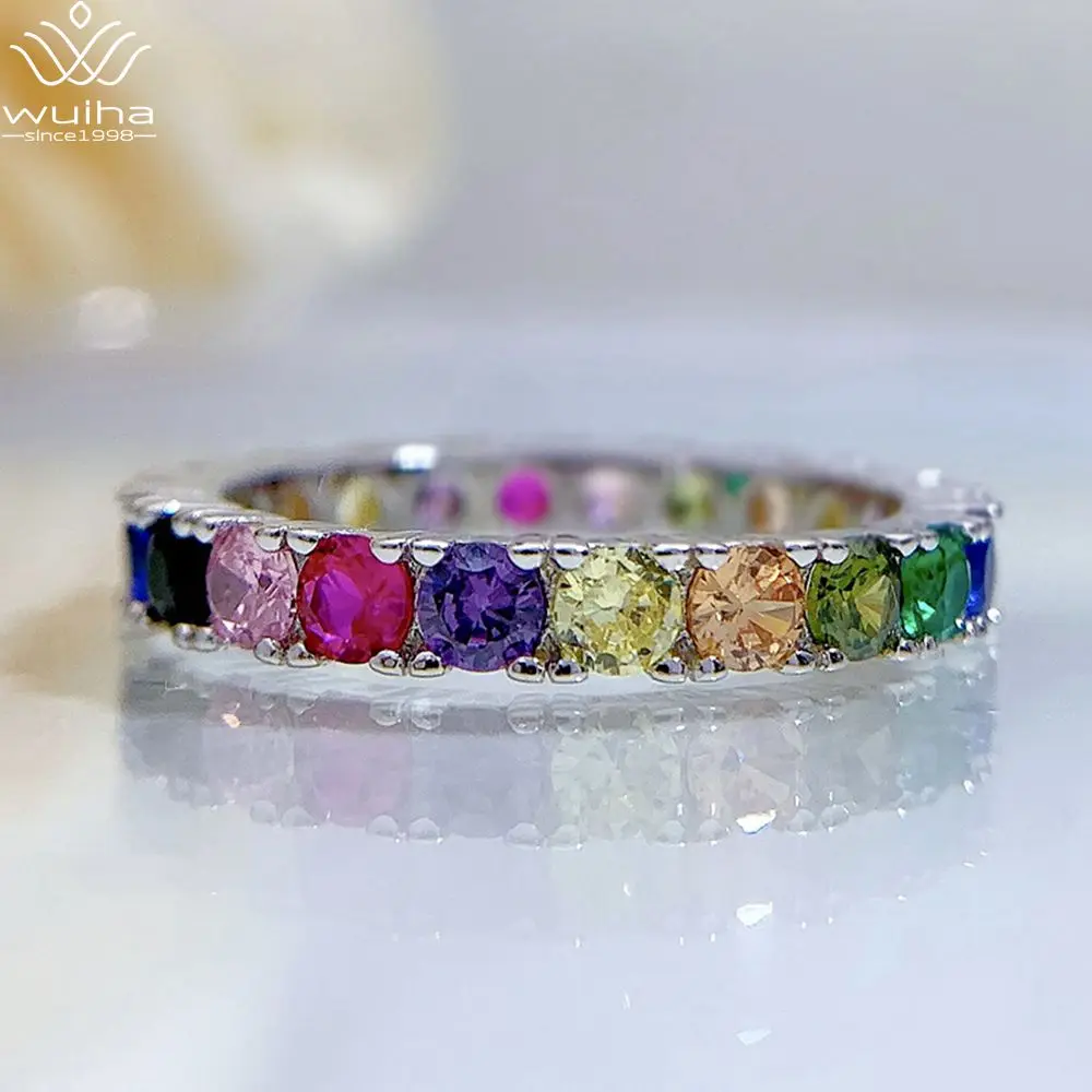 WUIHA Romantic 925 Sterling Silver Round Multicolor Created Moissanite Gemstone Wedding Engagement Row Diamond Ring Fine Jewelry