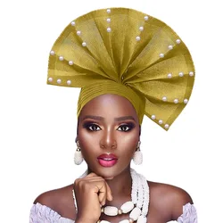 African Headtie With Beads Design Fan Shape Gele Headwrap Nigerian Traditional Wedding Women Cap