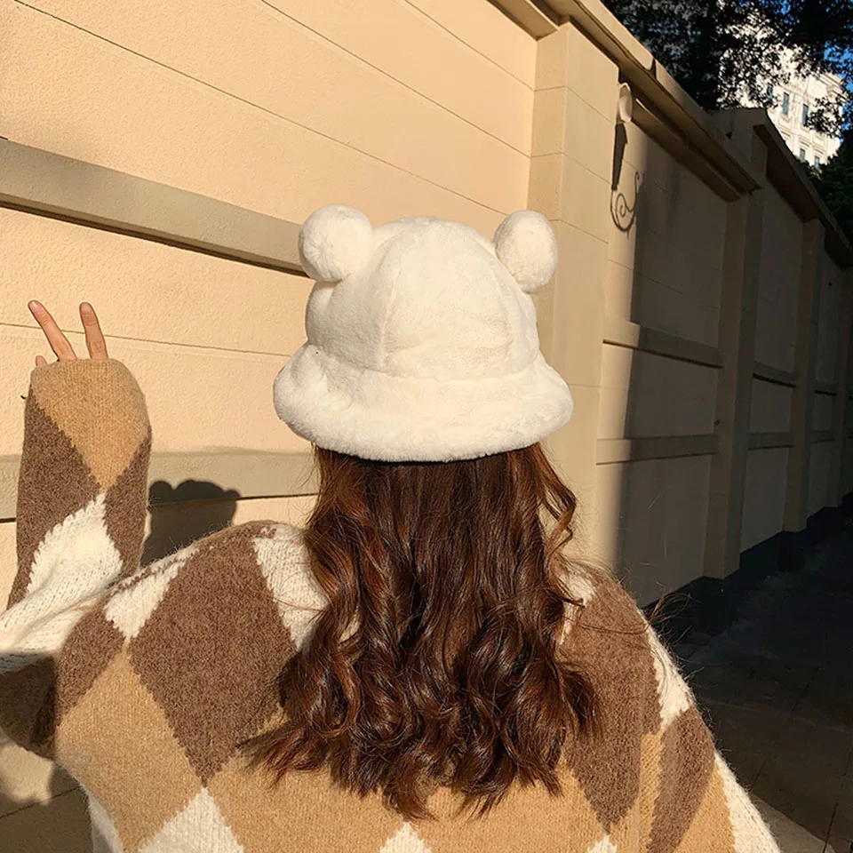 Mode Herbst Winter Leopard Pelz Eimer Hut Bär Ohr Ball Plüsch Fischer Hut Weiche Warme Dicke Becken Hut Schutz Eimer Hüte – Detail 3