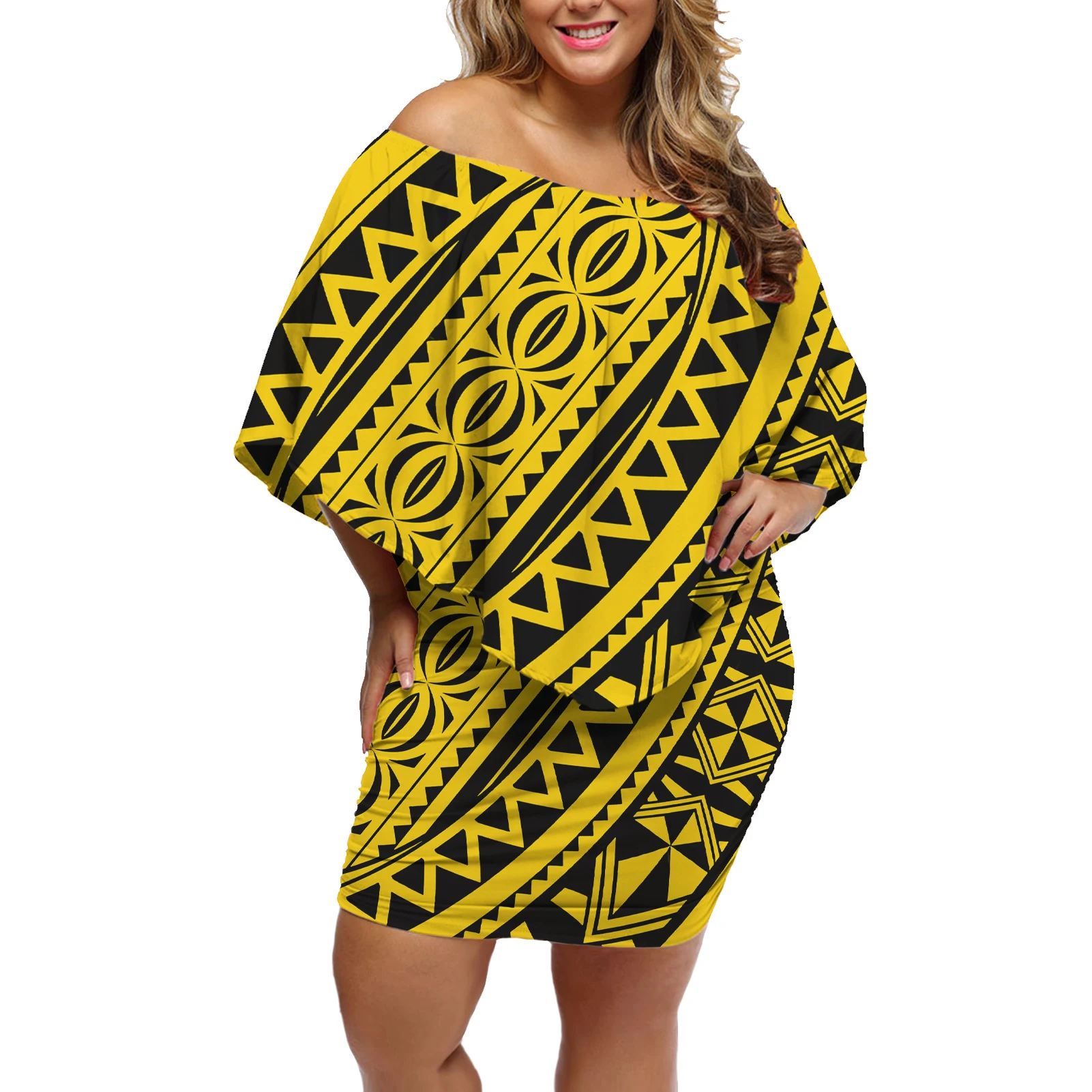 New Design Ladies Polynesian Tribal Print Maxi Off Shoulder Dress Beach Summer Elegant Women Cape Dresses