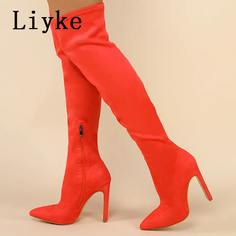 Liyke Sexy Over The Knee Thigh High Boots Femme Red Brown Stretch Flock Pointed Toe Heels Fashion Zip Long Women Shoe