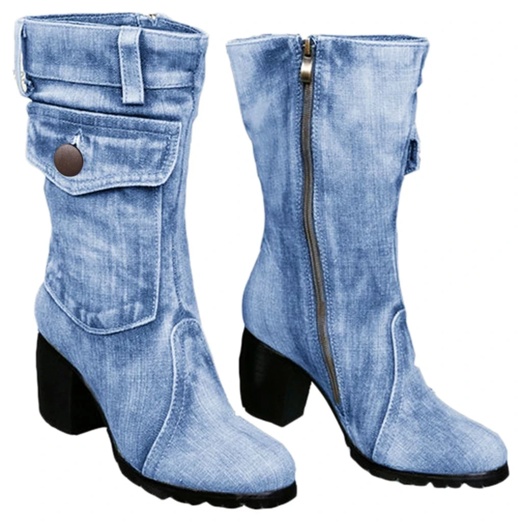 35-43 Plus Size Blue Jeans Boots Women\'s Mid-rise Rome Solid Slip-On Chunky Med Heels Boots Wild Vintage Ladies Shoes Wholesale