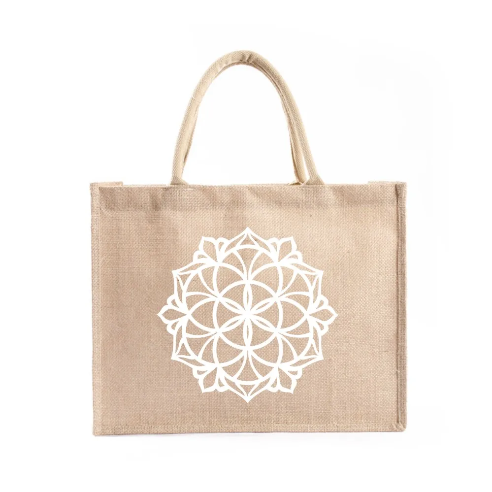 

Sacred Geometry Flower of Life Tote Burlap Bag Personalized Tote Bag Bridesmaid Gifts Seed of Life Reusable Jute Shopping Bag