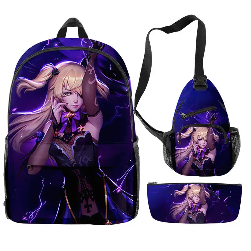 Conjunto de tres piezas de Anime Genshin Impact para hombre y mujer, Bolsa Escolar con cremallera, bolso de hombro y estuche para lápices, estampado Digital