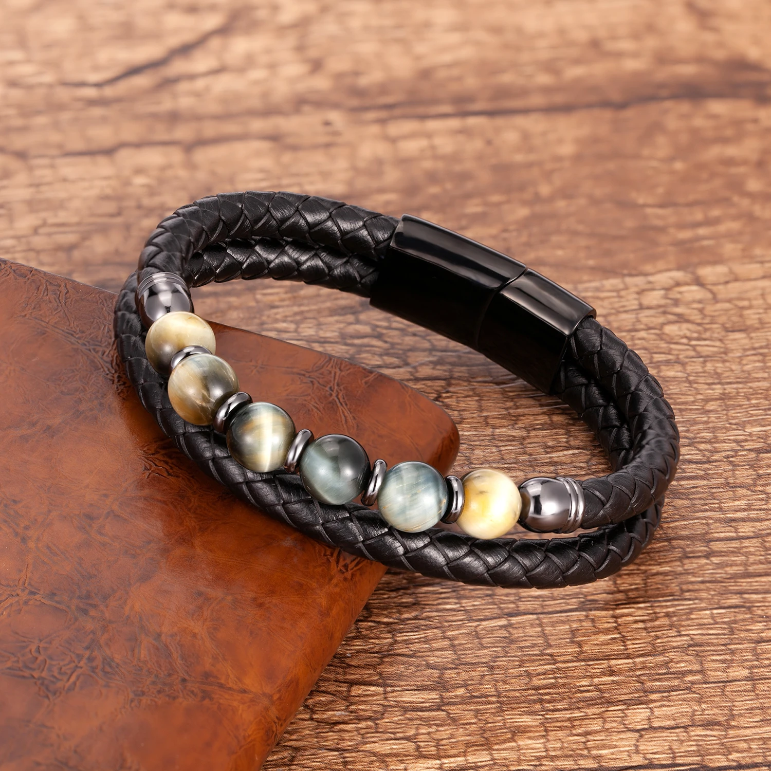 Modischer Herrenschmuck, Charm-Armband mit runden Steinen für Männer, bunte Tigerauge-Perlen, schwarze Lederkette, Armreif, Geschenk für Männer – Detail 12