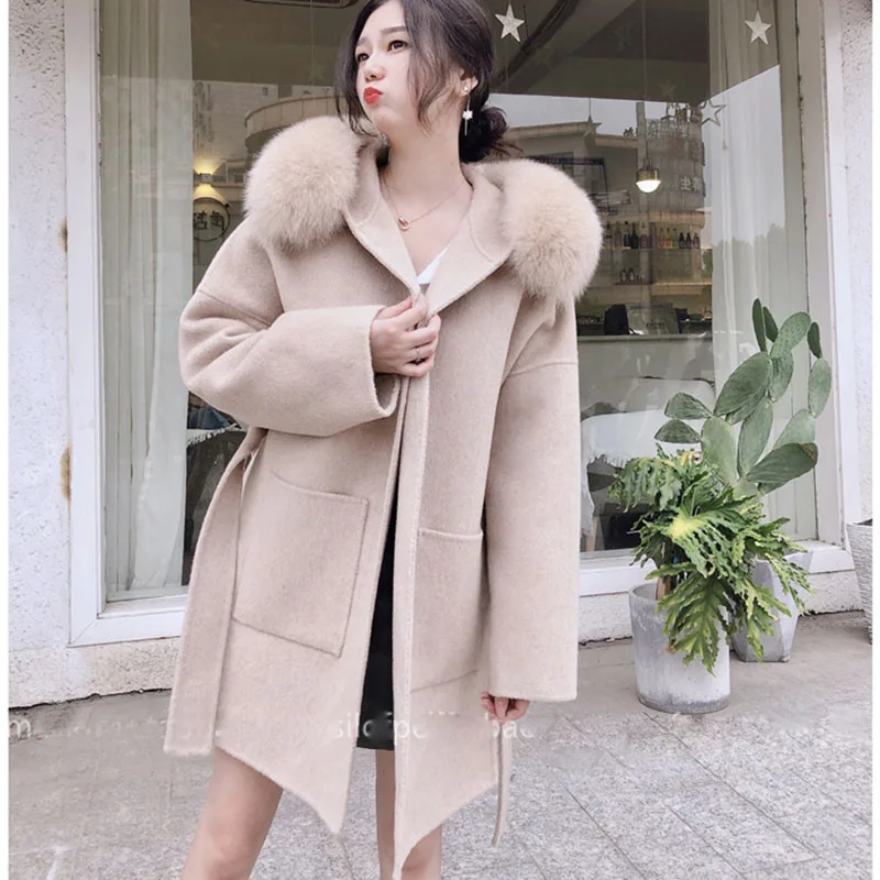 Korea Hooded Cashmere Long Coat With Hood Real Fox Fur Hood Trim Women Warm Large Jacket Female Hooded Outwear Spring Loose Coat