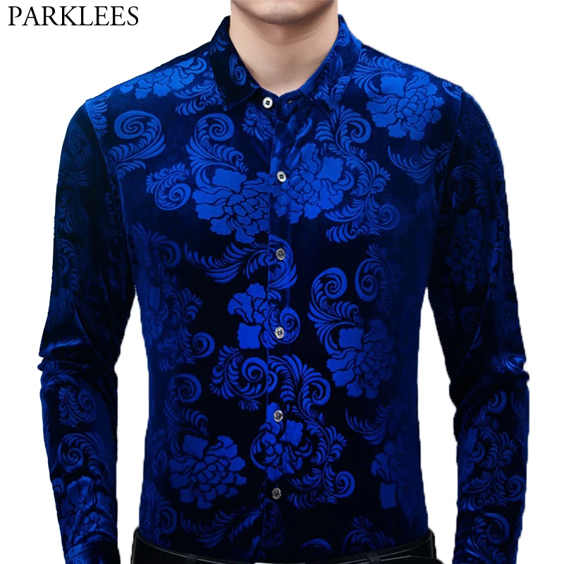 Royal Blue Velvet Velour Shirt Men 2022 Spring New Slim Fit Long Sleeve Mens Floral Dress Shirts Casual Button Down Chemise 2XL