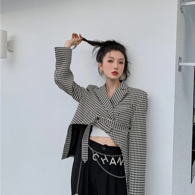 CHEERART Designer Cropped Blazer Women Asymmetrical Houndstooth Jacket Ladies Coat Short Suits Fall 2021 Womens Fashion