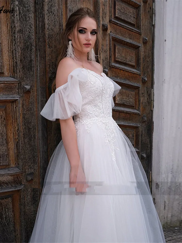 Sweetheart abito da sposa bianco Appliques di pizzo alto spaccato Organza Cap maniche abito da sposa lungo fino al pavimento Robe De Mariee nuovo arriva