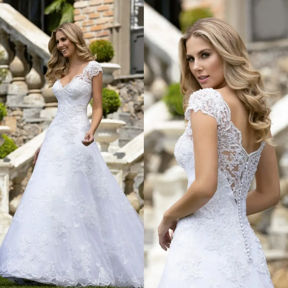 Vestidos de novia con cuello en V, manga corta, Apliques de encaje, vestidos de novia con Espalda descubierta, línea A, 2020