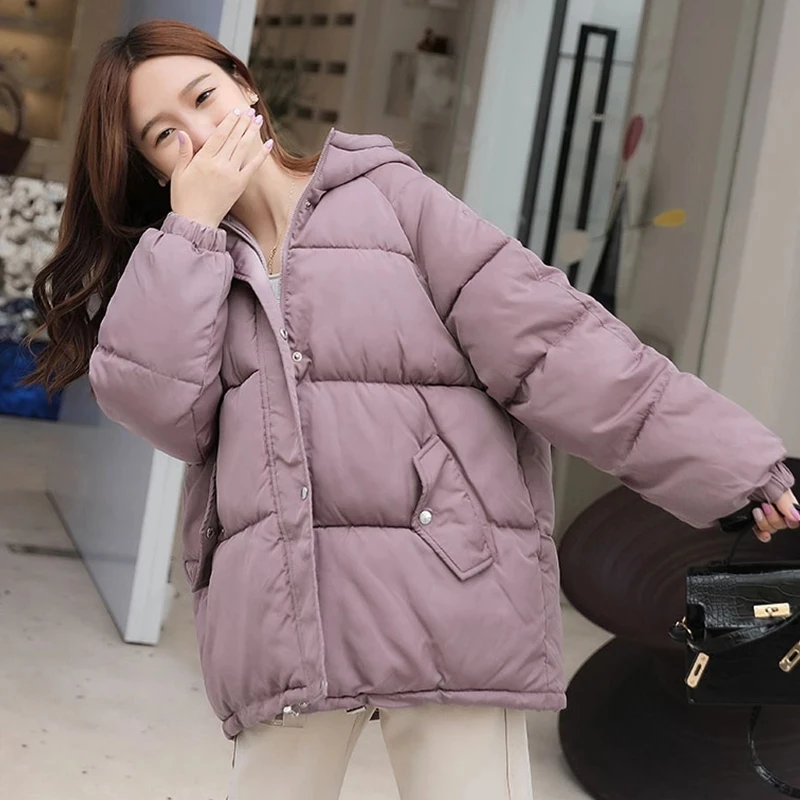 

Women's Winter Jacket Short Style Hooded Casual Parkas Woman Cotton Padded Stand Collar Solid Loose Plus Size Thick Coat Ladies