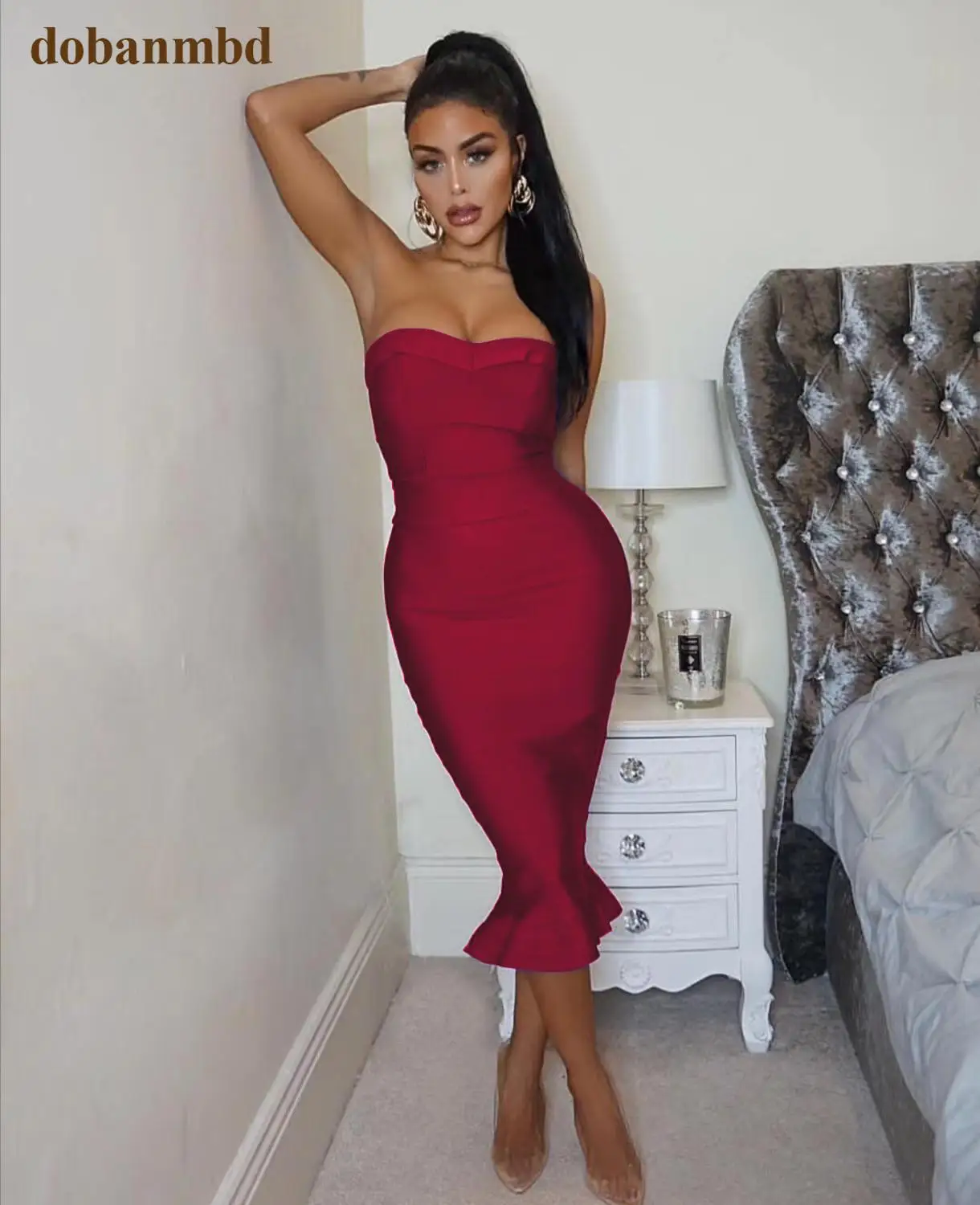 2020 Women\'s Fashion Sexy Bandage Dress Party Strapless Bodycon Fishtail Knitted Dress Autumn Mermaid Christmas Dress Vestido