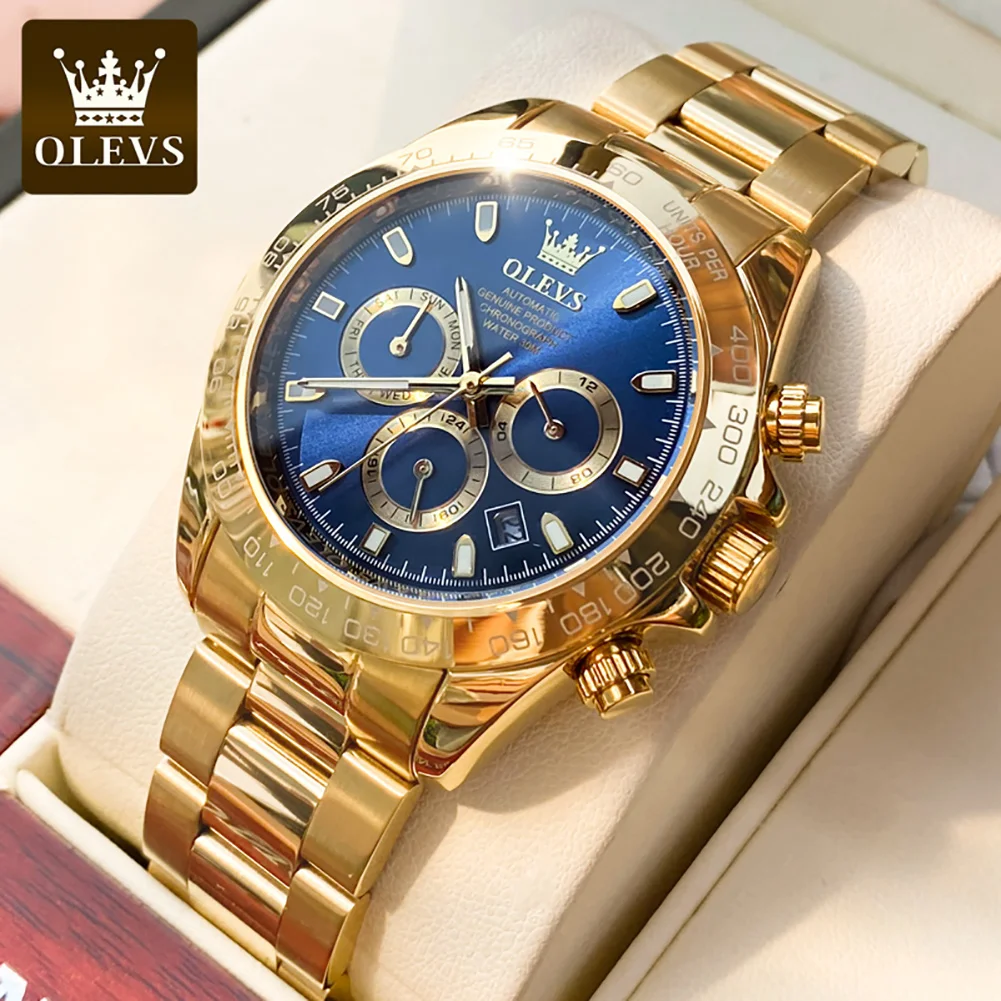 

OLEVS Gold Stainless Steel Watches for Men Automatic Chronograph - Gold Bezel & Waterproof & Luminous & Date relógio masculino