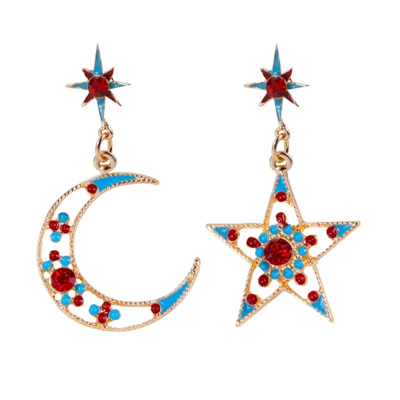 2020 Original New Star and Moon Earrings European and American Asymmetric Zircon Five-pointed Jewelry