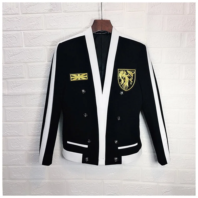 

100%real mens luxury black with white binding embroidery slim jacket/fashion model tuxedo jacket/ASIA SIZE/this is only jacket