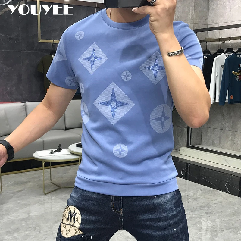 T-Shirt Men Rhinestone Pink Shirt Large Size 4XL New 2024 Summer Personalized Trend High Quality Short Sleeve Tees Male Top