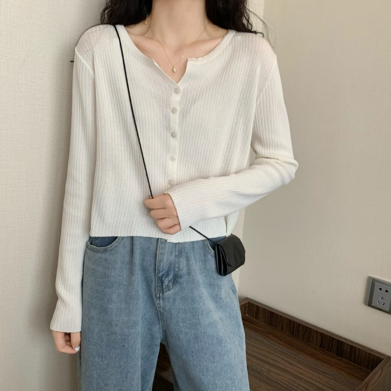 Slim Single Breasted Cardigans Women Tender Girls Long Sleeve Sunscreen Korean Style Knitted Cropped Sweaters Leisure Elasticity