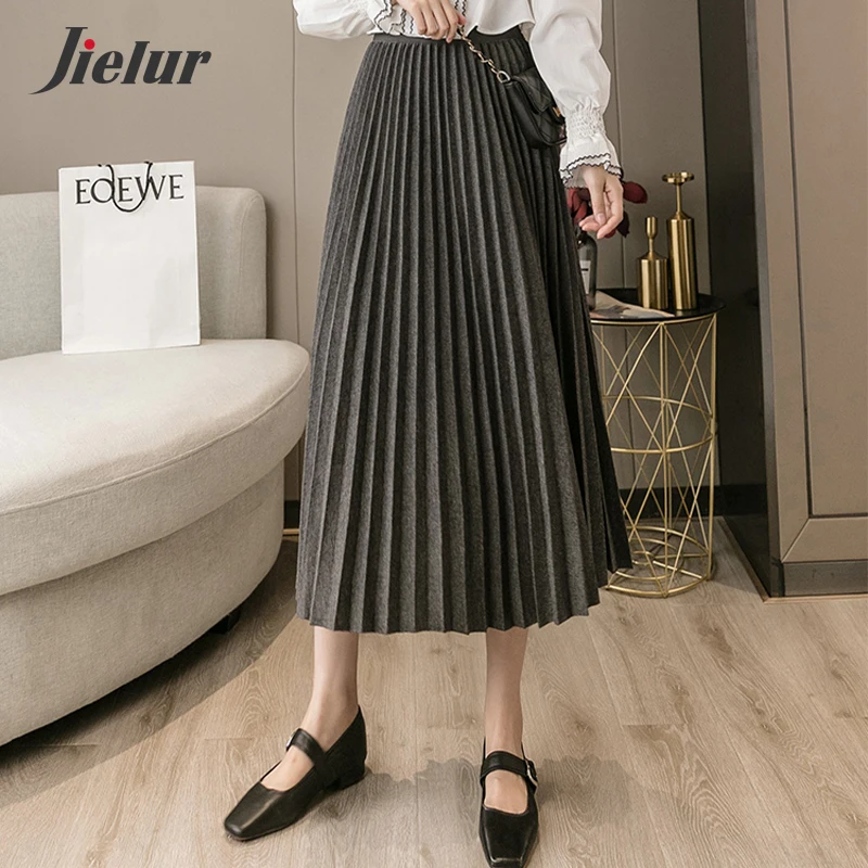 Jielur Woolen Pleated Skirts Womens Fashion High-waisted Green Black Gray Skirt Loose Thick Warm 2021 Autumn Winter Long Skirt