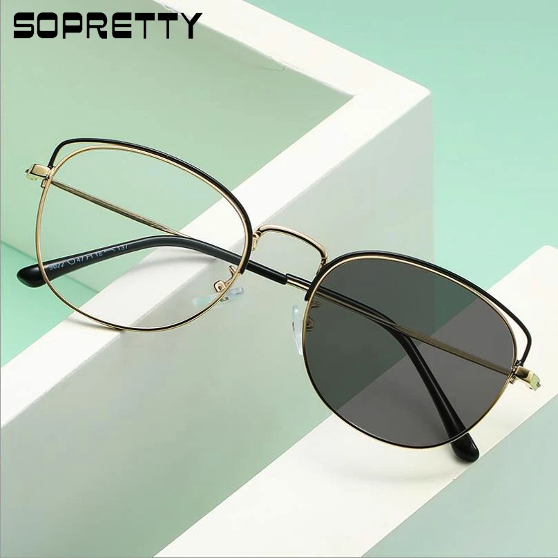 Female Cat Eyes Alloy Anti Blue Ray & Photochromic Grey lens Glasses, Women Blue Light Blocking Sunglasses,Myopia Glass Frames