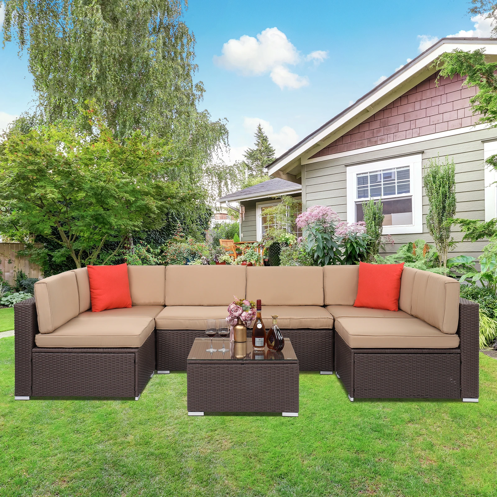 Outdoor Patio Furniture 7Pcs Set 2 Corners 4 No Armrests Sofa 1 Square Coffee Table Dark Brown Pattern Rattan Khaki Cushion