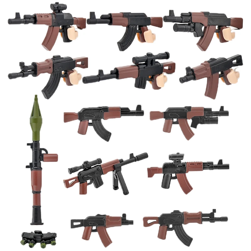 10PCS WW2 Soviet Army Weapons Building Blocks Soldier Figures Two-color Guns RPG AK47 AK74 Military Blocks Accessories Toys C334