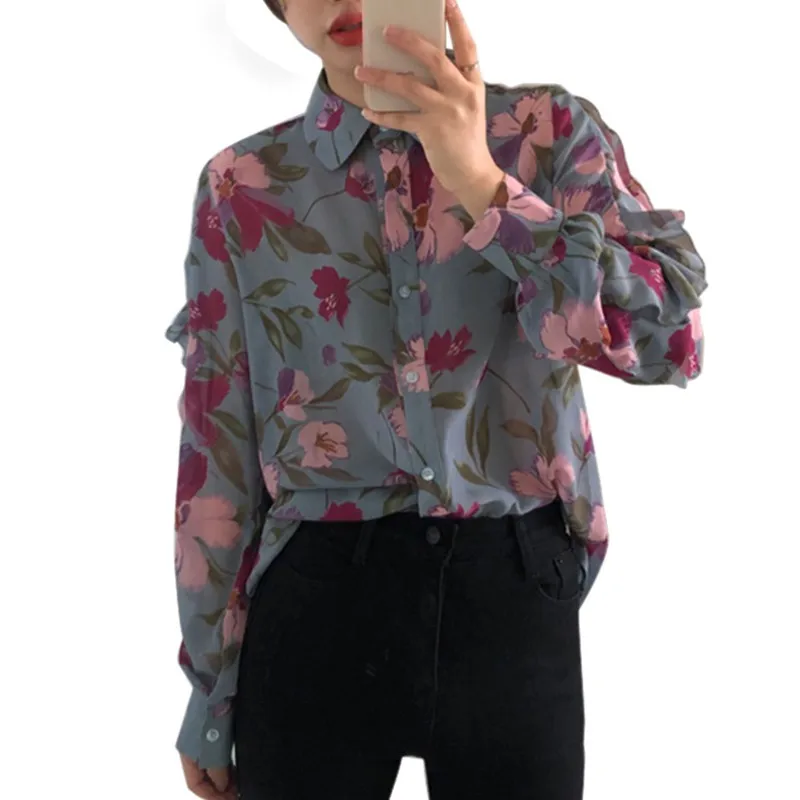 Fall New Arrival Women's Blouses Fashion Floral Print V-Neck Long Sleeve Chiffon Shirt Tops