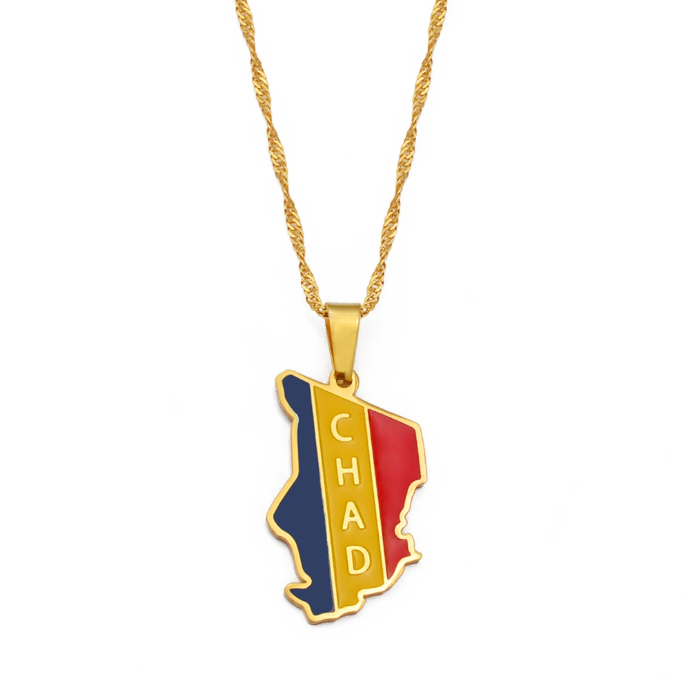 Anniyo Republic of Chad Map Flag Pendant Necklaces Gold Color Jewelry Tchad Maps #257821