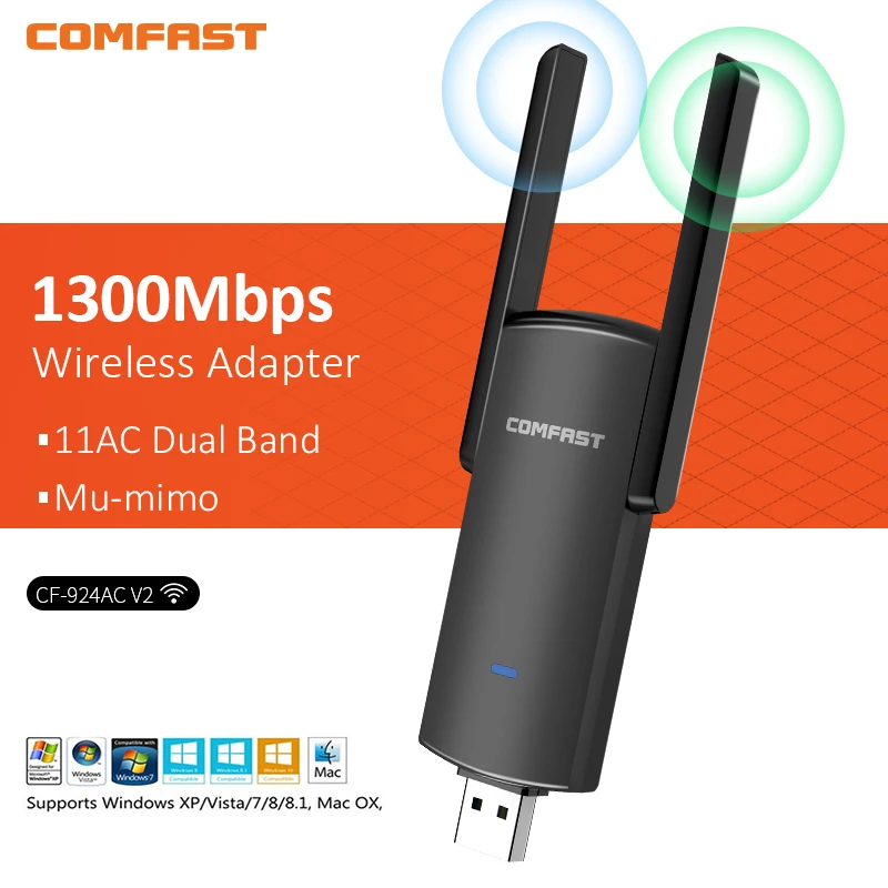 

Comfast 1300Mbps USB Wireless WiFi Adapter Dual Band 2.4G&5.8G 2*2dBi Antenna WiFi Gigabit Network Card wi-fi Receiver PC Dongle