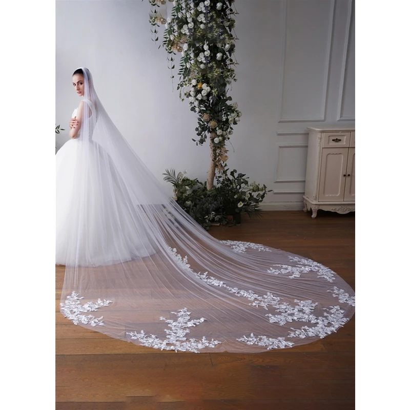 One Layer Long Ivory Bridal Veils Lace Appliques White Tulle Wedding Veils with Comb Cathedral for Brides 3 4 5 Metres Floral