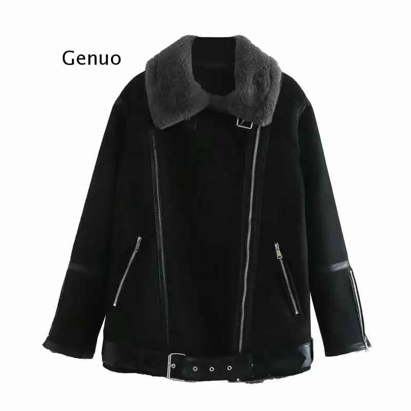 Womens Casual Suede Faux Rabbit Fur Coat Ladies Zipper Outwear Jacket Street Style Stylish Warm Overcoat Autumn Winter