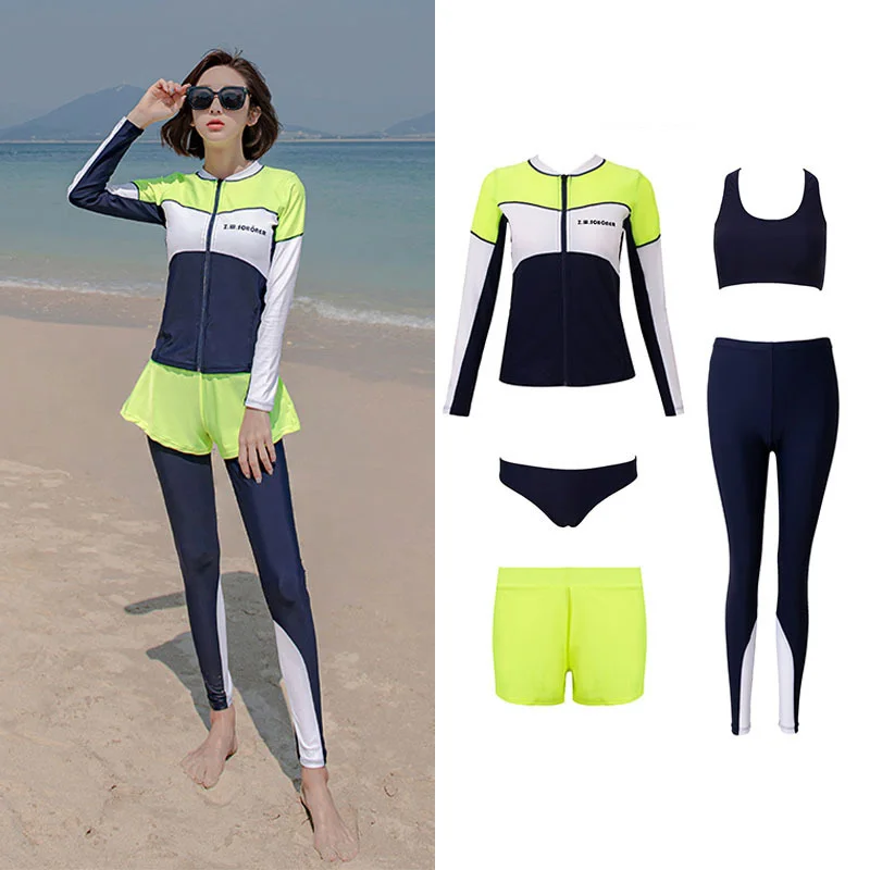 

Women's 5pcs/set Long Sleeve Baselayer Skins Performance Fit Compression Rash Guards Zip Shirt Bra Bikini Leggings Beachwear