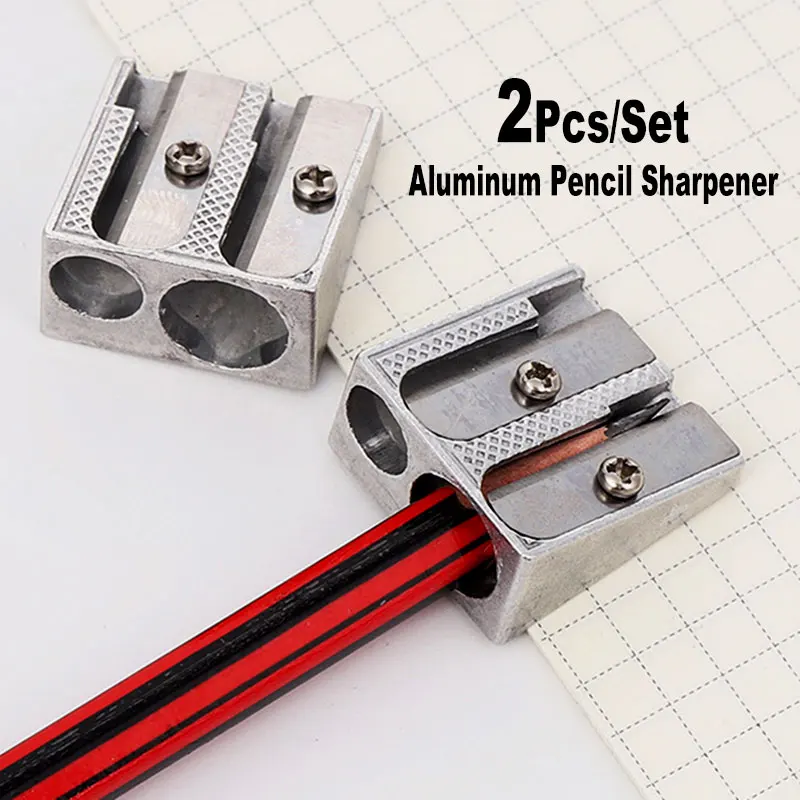 2Pcs Set Creative Aluminum Double Hole 11mm 8mm Pencil Sharpener Metal Beveled Dual Use Office School Art Sketch Student Gift