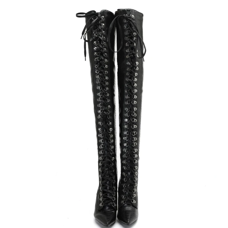 2020 Winter New Fashion Cheap Wholesale Lace Up Thigh High Boots Black Snakeskin Over Knee High Side Zip Plus Size 47