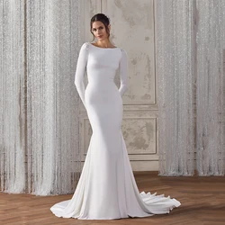 White Long Sleeve Mermaid Wedding Dress Beading Custom Illusion Button Back Sweep Train Applique Scoop Neck Plain Bridal Gown