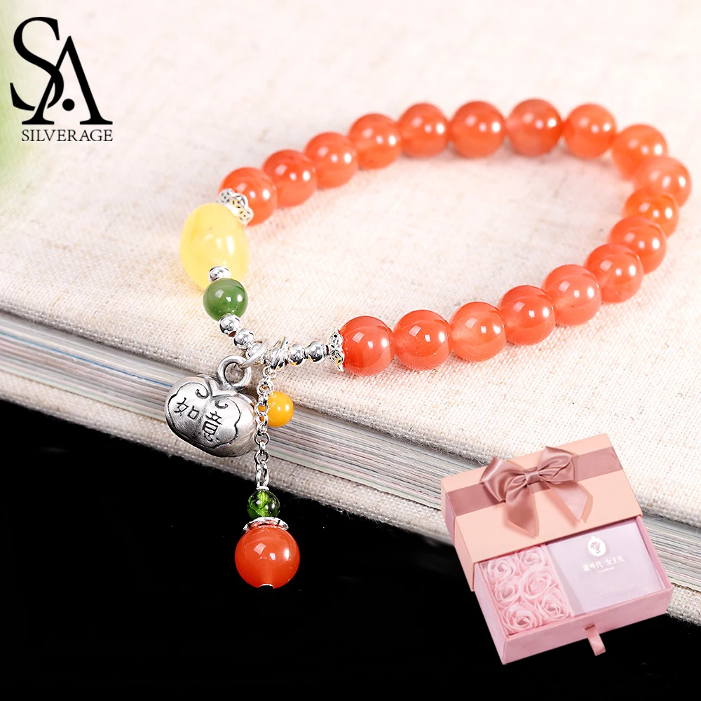 

SA SILVERAGE DIY Women's Red Agate Bracelet Send Your Girlfriend's and Parents S925 Silver Jewelry Fashion Trend