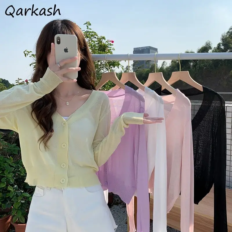 

Cardigan Women V-neck Summer Sun Protection Pure Color Minimalist Elegant Soft Casual Basic Korean Style Female Hot Sale Chic