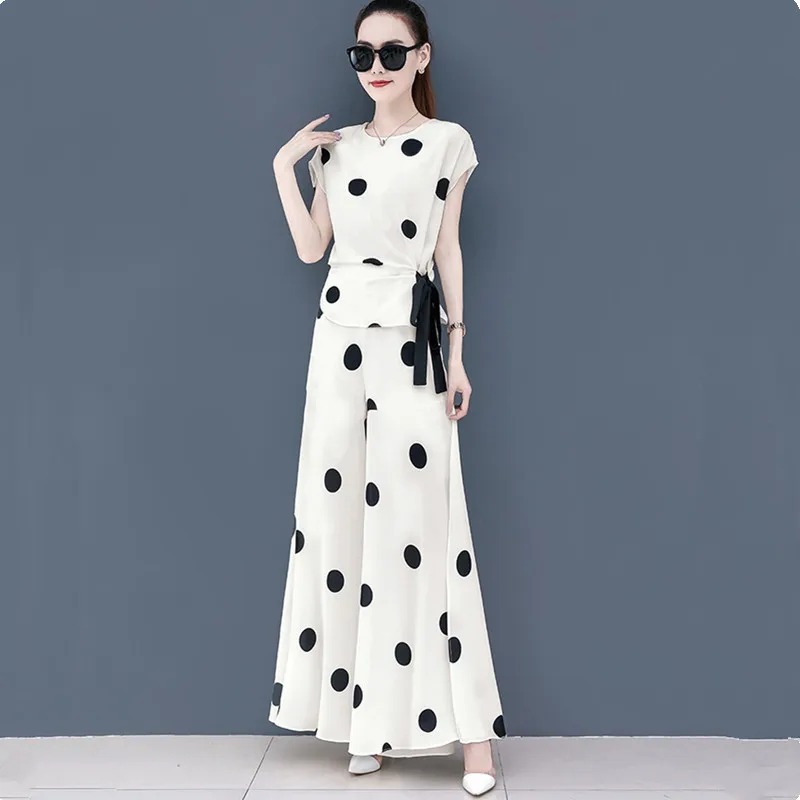 UHYTGF Two Peice Set For Women 2023 Fashion Chiffon Summer Suit Women Polka Dot Split Wide Legs Skirt Pants Thin 2 Piece Set 946