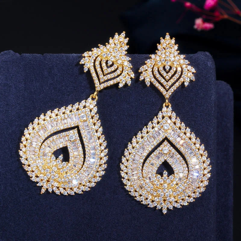 CWWZircons Luxury 585 Gold Color African Nigerian Cubic Zirconia Big Long Naija Wedding Party Women Dress Earrings CZ636