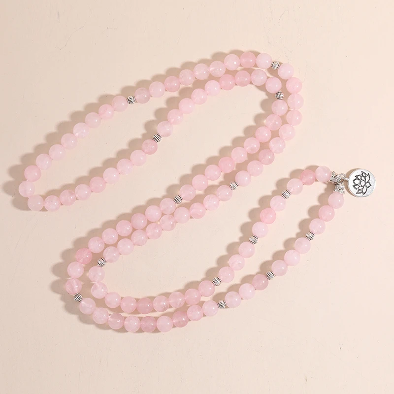 8mm quarzo rosa in rilievo 108 Mala braccialetto elastico braccialetto Yoga preghiera braccialetto gioielli Lotus OM ciondolo albero della vita per