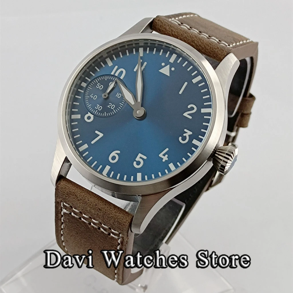 42MM Silver Hand Winding Men\'s Watch Blue Dial Luminous Marks Leather Strap Mechanical 6497 Movement Male Wristwatch