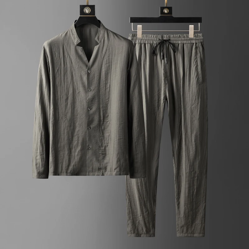 

New Spring Summer Thin Mens Sets (shirts+pants) Luxury Wrinkle Fabric Sports Casual Male Sets Fashion Elastic Waist Man Suits