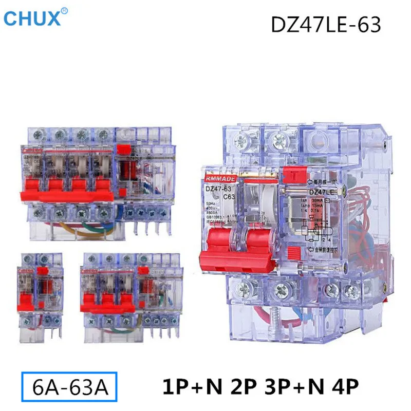 Transparency Leakage Circuit Breaker DZ47LE-63 ELCB Earth 1P+N 2P 3P+N 4P 6A 10A 16A 25A 32A 40A 50A 63A Home Circuit Breakers