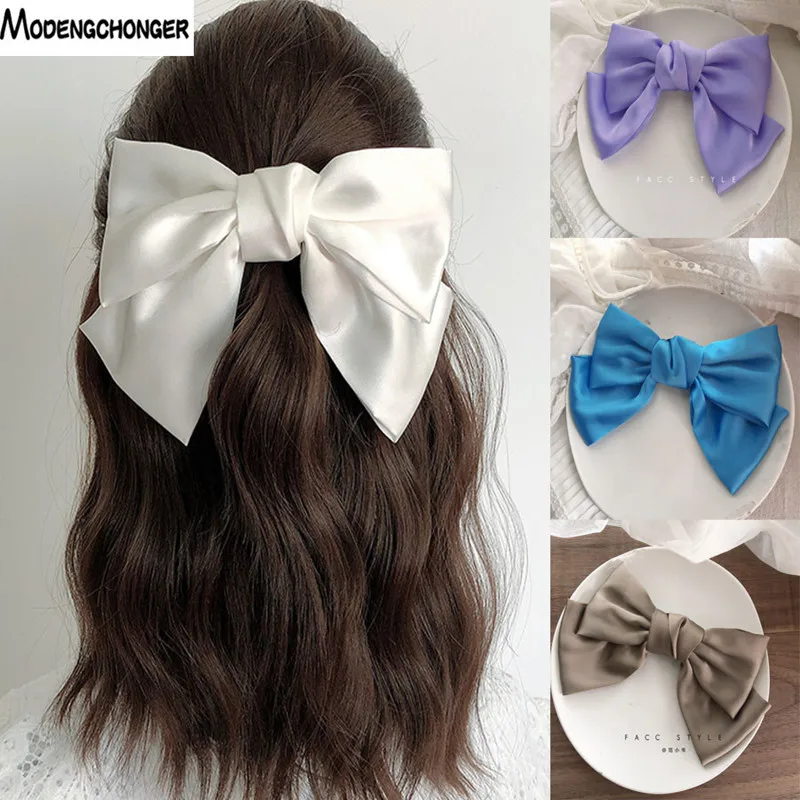 1PC Fashion Solid Color Oversized Bow Knot Hairgrips Bohemian Hair Bow Elegant Satin Hair Clips Hair Accessories Ponytail Holder