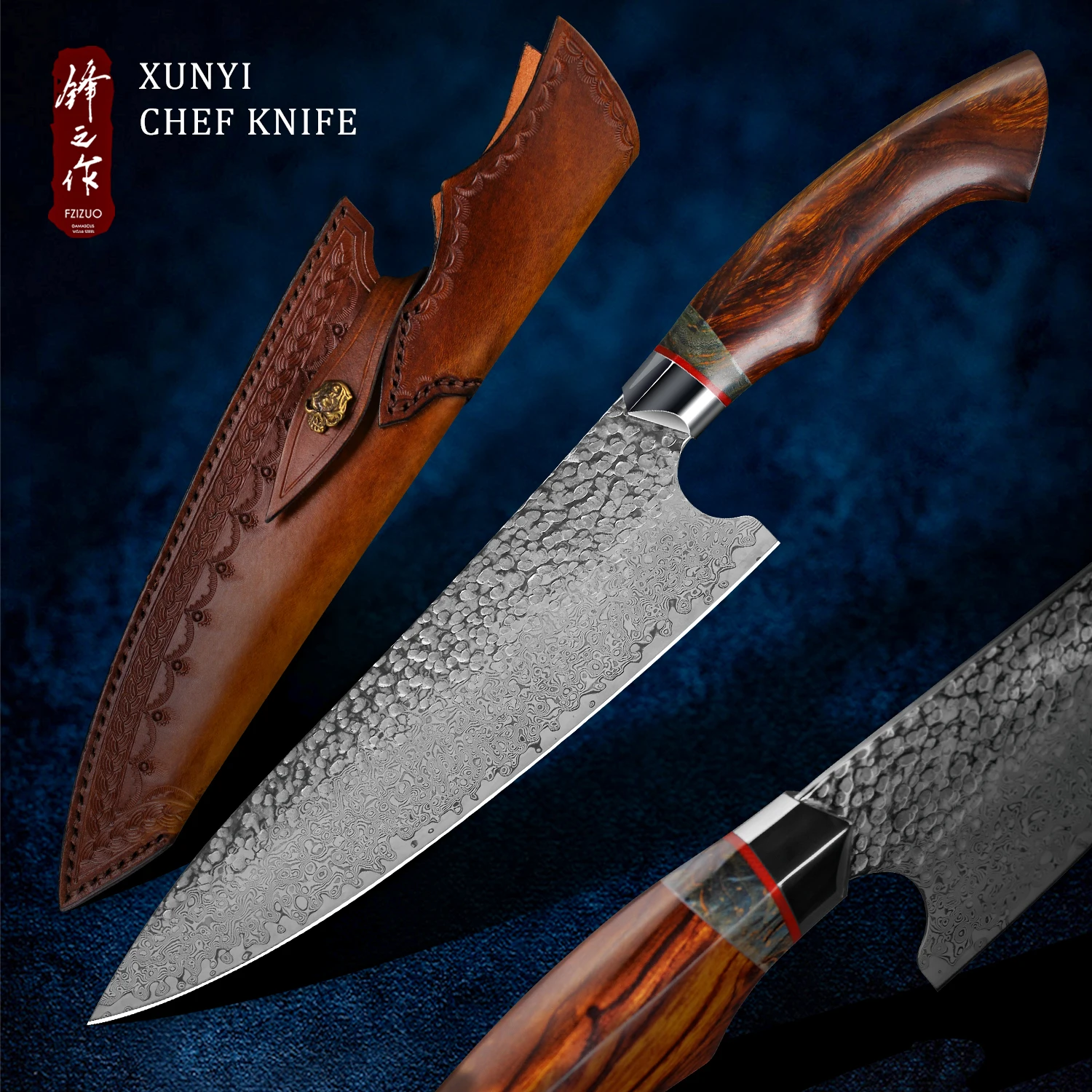 

FZIZUO 8-inch Chef Knife with Ironwood and G10 Handle Japanese Handmade Damascus Steel Kitchen Vegetable Fish Knives with Sheath