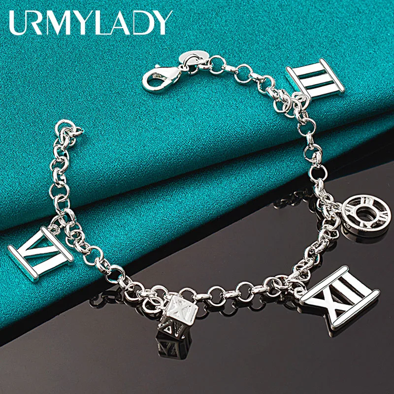 URMYLADY 925 Sterling Silver Roman Round Square Bracelet For Women Fashion Wedding Party Charm Jewelry