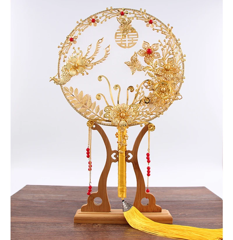 NiuShuya New Bridal Fan Chinese Vintage Handmade Silk Round Fan Holding Flower Ancient Gold Fan  Wedding Accessories