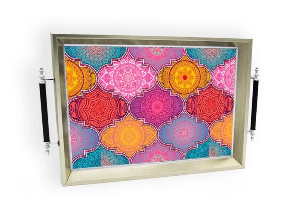 DOLBOVI Symbol Mandala Patterned 44x31 cm Wooden tray Silver SERVİCE-G130 tray поднос plateau de service