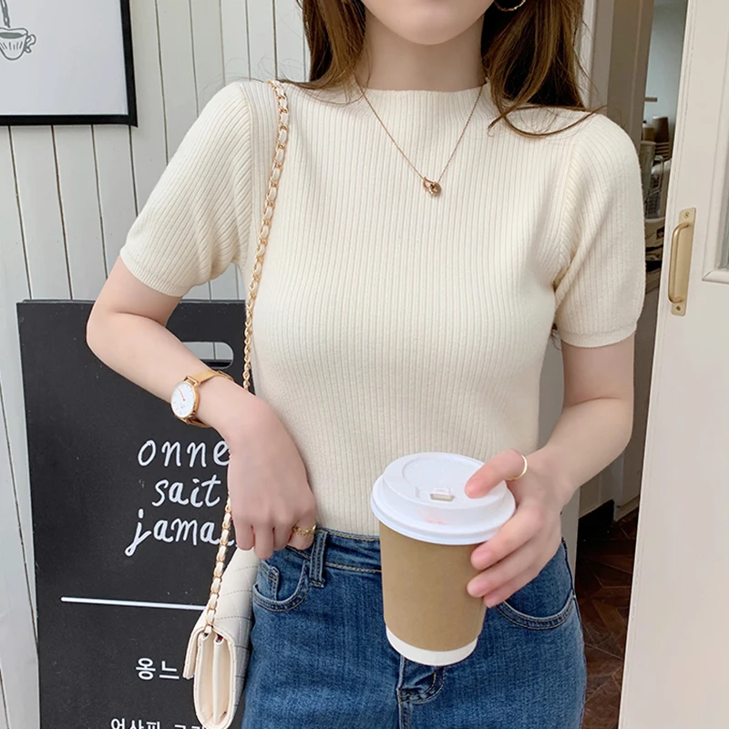 2024 Summer Knitted Thin Sweater Pullovers Korean Half Sleeve Turtleneck Sweater for Women Slim Jumper Tops Office Lady